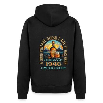 77. Geburtstag 1946 77er Guter Jahrgang Whisky - Unisex Premium Bio Zip Hoodie - Schwarz - Hinten - Nico (187cm)