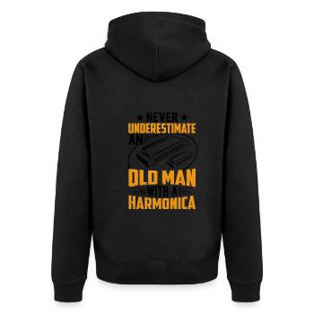 Alter Mann mit Mundharmonika - Unisex Premium Bio Zip Hoodie - Schwarz - Hinten - Nico (187cm)