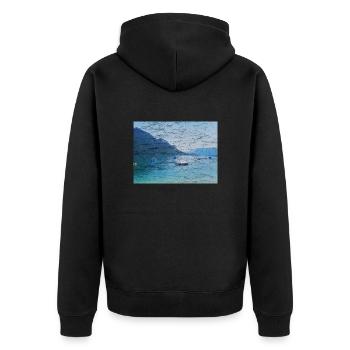 See mit Springmuster , Patina, auf Alt - Unisex Premium Bio Zip Hoodie - Schwarz - Hinten - Nico (187cm)