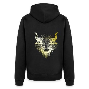 Bulle Mandala gold - Unisex Premium Bio Zip Hoodie - Schwarz - Hinten - Nico (187cm)