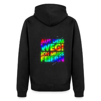Aus dem Weg, ich muss feiern Sprüche, Party, Fun - Unisex Premium Bio Zip Hoodie - Schwarz - Hinten - Nico (187cm)