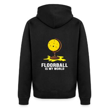 Floorball floorball "Floorball-world" - Unisex Premium Organic Zip Hoodie - black - Back - Nico (187cm)