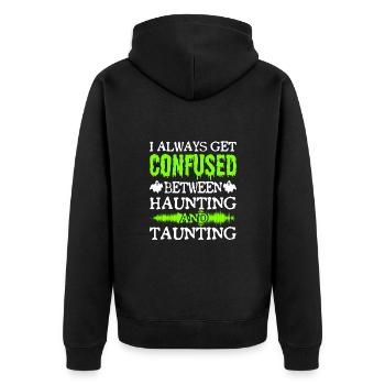 Paranormal Ghost Hunter Confused Haunting Taunting - Unisex Premium Bio Zip Hoodie - Schwarz - Hinten - Nico (187cm)