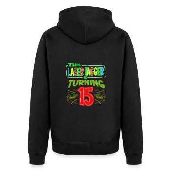 This Laser Tagger Is Turning 15 Years Old Laser - Unisex Premium Bio Zip Hoodie - Schwarz - Hinten - Nico (187cm)