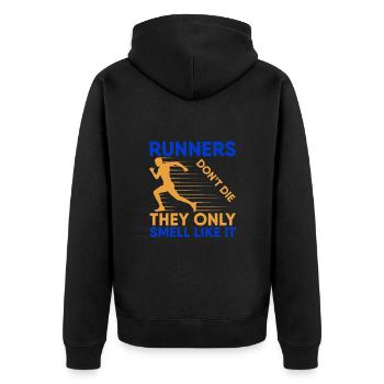 Running Don´t Die They Only Smell Like It Marathon - Unisex Premium Bio Zip Hoodie - Schwarz - Hinten - Nico (187cm)