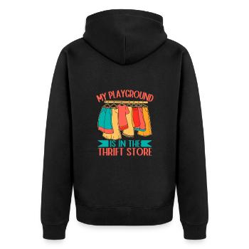 Thrift Shopper My Playground The Thrift Store - Unisex Premium Bio Zip Hoodie - Schwarz - Hinten - Nico (187cm)