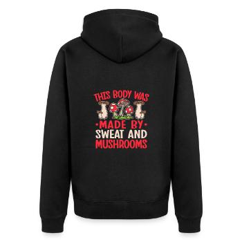 Mushroom Foraging Hunter Made By Sweat & Mushrooms - Unisex Premium Bio Zip Hoodie - Schwarz - Hinten - Nico (187cm)