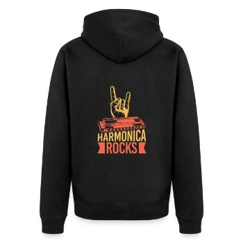Funny Harmonica Player Rocks Harmonica - Unisex Premium Bio Zip Hoodie - Schwarz - Hinten - Nico (187cm)