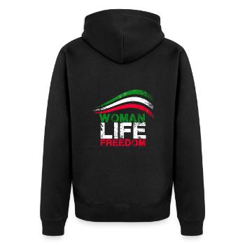 woman life freedom, schrift,iran,flagge - Unisex Premium Bio Zip Hoodie - Schwarz - Hinten - Nico (187cm)