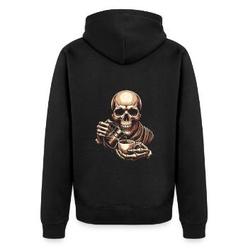 Skull mit Kaffeebecher Kaffee - Unisex Premium Bio Zip Hoodie - Schwarz - Hinten - Nico (187cm)