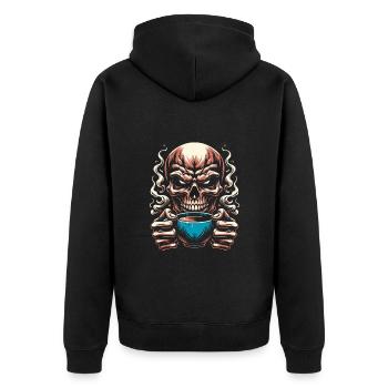 Skull mit Kaffeebecher Kaffee - Unisex Premium Bio Zip Hoodie - Schwarz - Hinten - Nico (187cm)