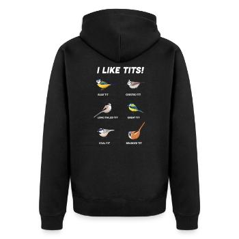 Lustiges Geschenk für Ornithologe | Ich mag Titten (Vögel) - Unisex Premium Bio Zip Hoodie - Schwarz - Hinten - Nico (187cm)
