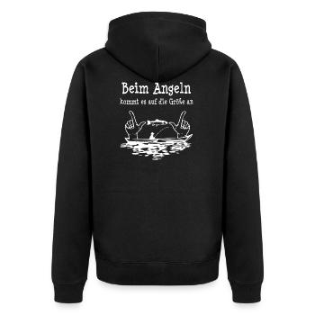 Beim Angeln kommt er auf die Größe an - Unisex Premium Bio Zip Hoodie - Schwarz - Hinten - Nico (187cm)