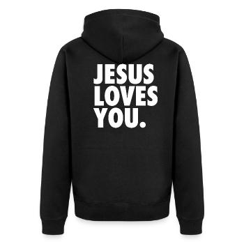Jesus liebt dich - Unisex Premium Bio Zip Hoodie - Schwarz - Hinten - Nico (187cm)