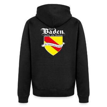 Über Baden lacht die Sonne, über Schwaben die Welt - Unisex Premium Bio Zip Hoodie - Schwarz - Hinten - Nico (187cm)