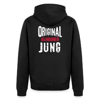 Hamburger Jung Hamburg Geschenk Mann Mundart - Unisex Premium Bio Zip Hoodie - Schwarz - Hinten - Nico (187cm)