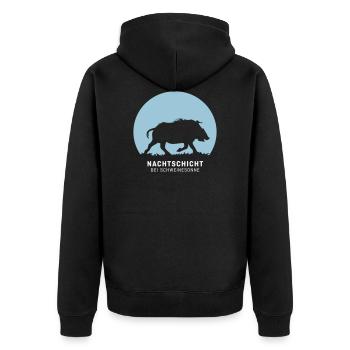 Nachtschicht bei Schweinesonne! Jäger Shirt Jaeger - Unisex Premium Bio Zip Hoodie - Schwarz - Hinten - Nico (187cm)