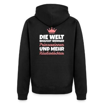 Spruch: Weniger Prinzessinnen, mehr Räubertöchter - Unisex Premium Bio Zip Hoodie - Schwarz - Hinten - Nico (187cm)