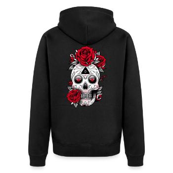 Schädel mit Rosen - Unisex Premium Bio Zip Hoodie - Schwarz - Hinten - Nico (187cm)
