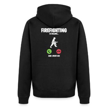 Feuerwehr ruft an ich muss los - Unisex Premium Bio Zip Hoodie - Schwarz - Hinten - Nico (187cm)
