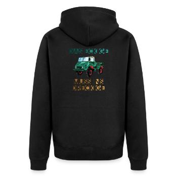Das Eckige muss ins Dreckige! - Unimog - Unisex Premium Bio Zip Hoodie - Schwarz - Hinten - Nico (187cm)