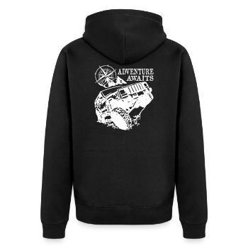 Adventure Awaits Jeep - Unisex Premium Bio Zip Hoodie - Schwarz - Hinten - Nico (187cm)