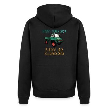Das Eckige muss ins Dreckige! - Unimog - Unisex Premium Bio Zip Hoodie - Schwarz - Hinten - Nico (187cm)