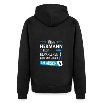 Lustiger Heimwerker und Handwerker Spruch Hermann - Unisex Premium Bio Zip Hoodie - Schwarz - Hinten - Nico (187cm)
