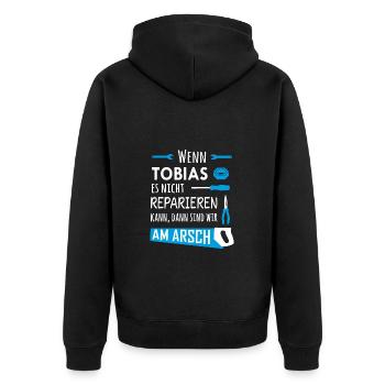 Lustiger Heimwerker und Handwerker Spruch Tobias - Unisex Premium Bio Zip Hoodie - Schwarz - Hinten - Nico (187cm)