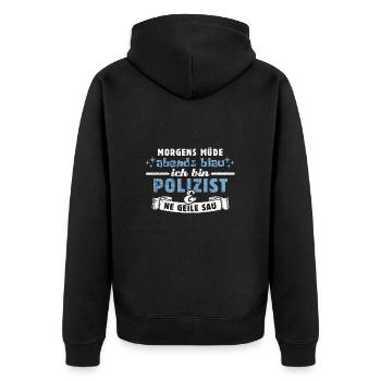 Morgens müde, abends blau - Polizist - Unisex Premium Bio Zip Hoodie - Schwarz - Hinten - Nico (187cm)