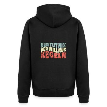 Der tut nix, der will nur kegeln - Spruch - Unisex Premium Bio Zip Hoodie - Schwarz - Hinten - Nico (187cm)
