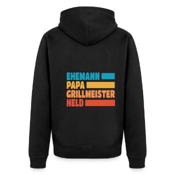 Ehemann Papa Grillmeister Held Vatertag - Unisex Premium Bio Zip Hoodie - Schwarz - Hinten - Nico (187cm)