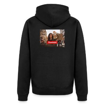 Feminist - Raise your fist - Unisex Premium Bio Zip Hoodie - Schwarz - Hinten - Nico (187cm)