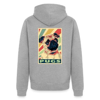 Pugs colores vintage - Veste à capuche bio Premium Unisexe - gris chiné - Dos - Nico (187cm)