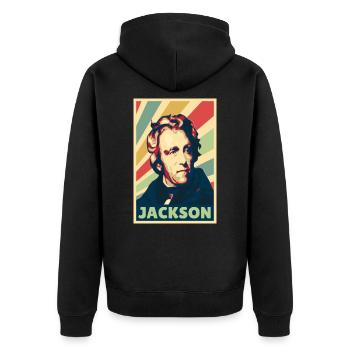 Andrew Jackson Vintage Farben - Unisex Premium Bio Zip Hoodie - Schwarz - Hinten - Nico (187cm)