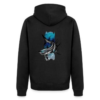Azurblauer Jäger: Blauer Blick des Weißen Haies - Unisex Premium Bio Zip Hoodie - Schwarz - Hinten - Nico (187cm)