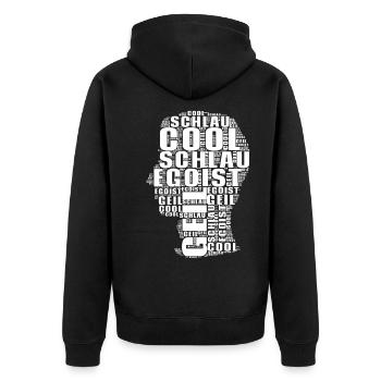 SCHLAU,EGOIST,COOL,GEIL KOPF LUSTIG T-SHIRT - Unisex Premium Bio Zip Hoodie - Schwarz - Hinten - Nico (187cm)