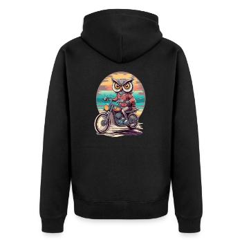 Motorradfahrt bei Sonnenuntergang im Retro-Stil mit einer weisen Eule - Unisex Premium Bio Zip Hoodie - Schwarz - Hinten - Nico (187cm)