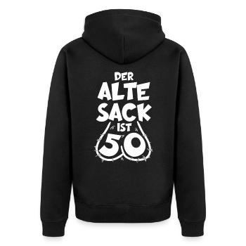 LUSTIG 50 JAHRE ALTER SACK 50. GEBURTSTAG - Unisex Premium Bio Zip Hoodie - Schwarz - Hinten - Nico (187cm)