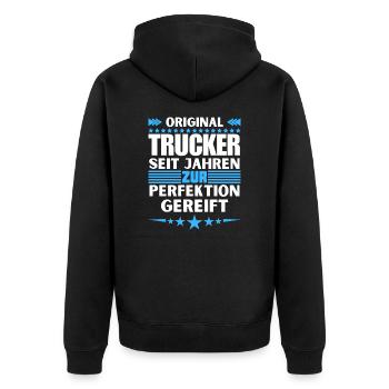 Trucker matured to perfection - Unisex Premium Organic Zip Hoodie - black - Back - Nico (187cm)