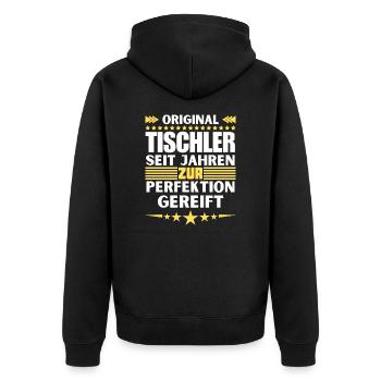 Zur Perfektion gereifter Tischler - Unisex Premium Bio Zip Hoodie - Schwarz - Hinten - Nico (187cm)