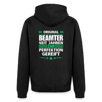 Zur Perfektion gereifter Beamter - Unisex Premium Bio Zip Hoodie - Schwarz - Hinten - Nico (187cm)