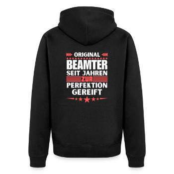 Zur Perfektion gereifter Beamter - Unisex Premium Bio Zip Hoodie - Schwarz - Hinten - Nico (187cm)