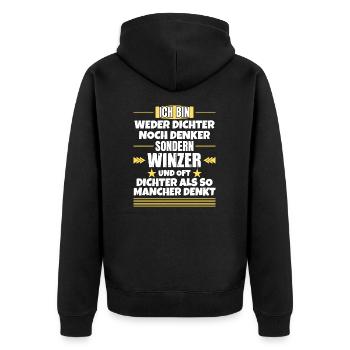 Weder Dichter noch Denker, sondern Winzer - Unisex Premium Bio Zip Hoodie - Schwarz - Hinten - Nico (187cm)