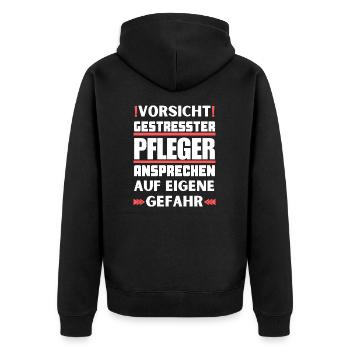 Gestresster Pfleger nicht ansprechen! - Unisex Premium Bio Zip Hoodie - Schwarz - Hinten - Nico (187cm)