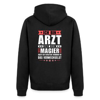 Ich bin Arzt und kein Magier - Unisex Premium Bio Zip Hoodie - Schwarz - Hinten - Nico (187cm)