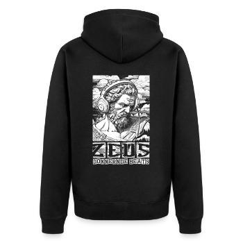 Streetvibes vs. Musik: Zeus’ donnernde Beats - Unisex Premium Bio Zip Hoodie - Schwarz - Hinten - Nico (187cm)