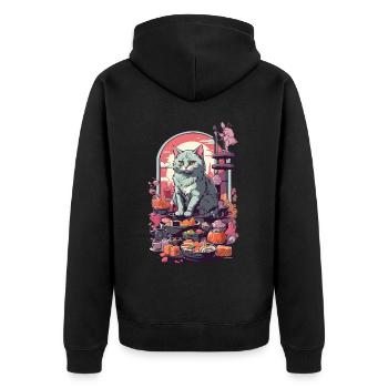 Retro Katze Sushi Sashimi Ukiyo-E Kunststil - Unisex Premium Bio Zip Hoodie - Schwarz - Hinten - Nico (187cm)
