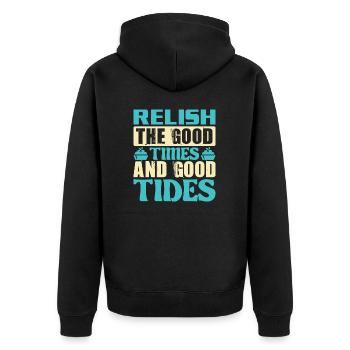 GENIESSEN SIE DIE GUTEN ZEITEN UND DIE GUTEN GEZEITEN - Unisex Premium Bio Zip Hoodie - Schwarz - Hinten - Nico (187cm)