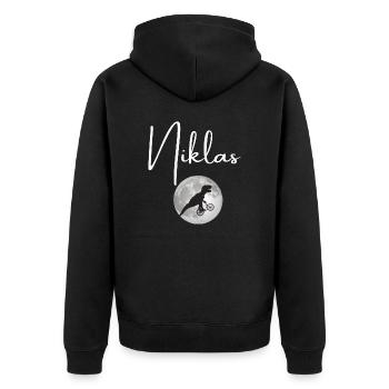 NIKLAS - Schöner Jungen Name mit Dinosaurier - Unisex Premium Bio Zip Hoodie - Schwarz - Hinten - Nico (187cm)